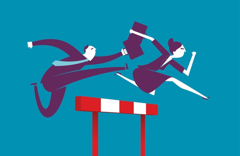 Salesman and sales woman sprinting over hurdle to achieve 2018 sales goals.jpg