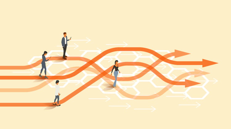 Business alignment illustration showing teams and priorities converging into one strategic direction through Drift DisciplineTM and organizational alignment