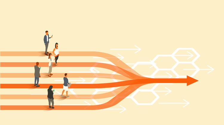 Illustration of multiple organizational paths converging into a single direction, representing leadership alignment, strategic clarity, and the elimination of Organizational DriftTM