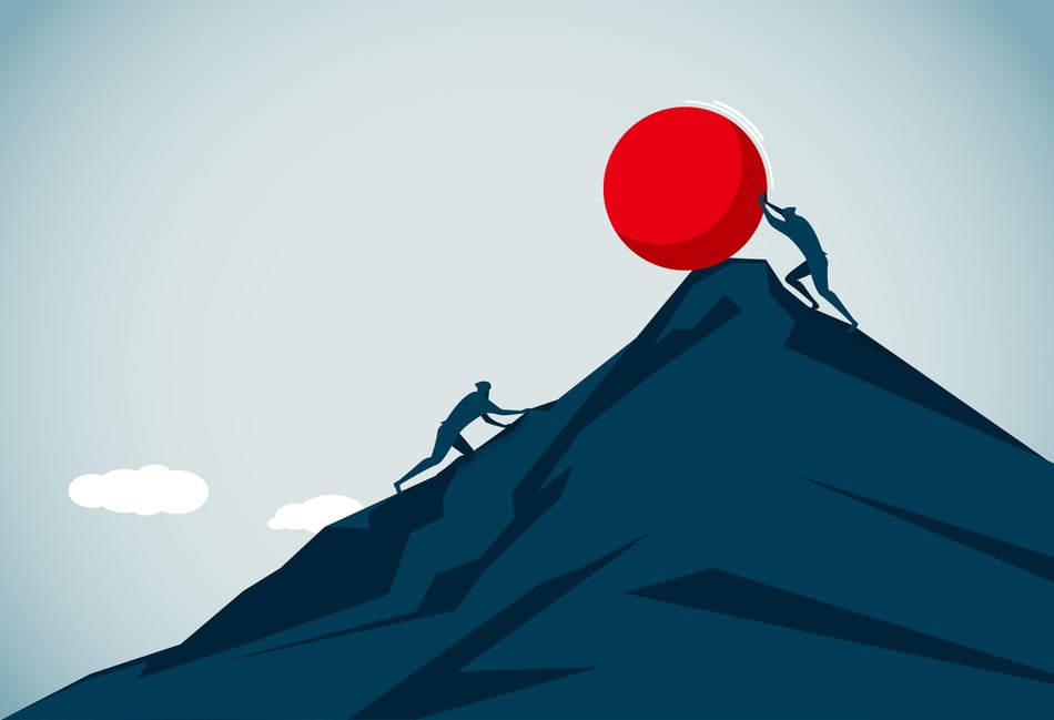 Lonely figure ascending a mountain trail, symbolizing the founders personal growth journey
