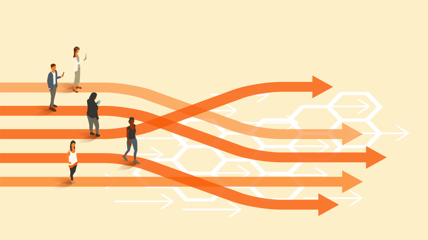 Illustration of competing organizational priorities and diverging paths, representing Organizational Drift™, unclear direction, and misaligned execution.jpg